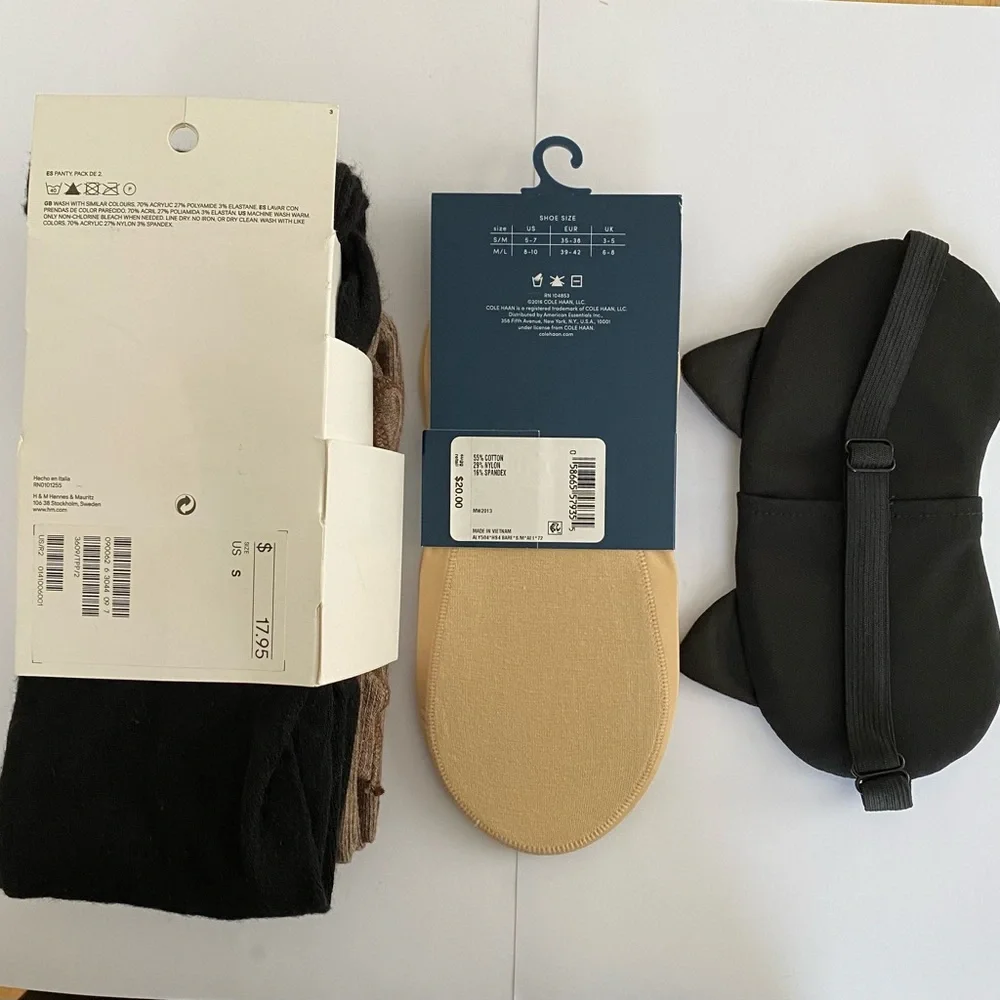 NWT H&M Brown/Black Tights, Cole Haan Comfort Liner Socks, Kitten Eye Mask